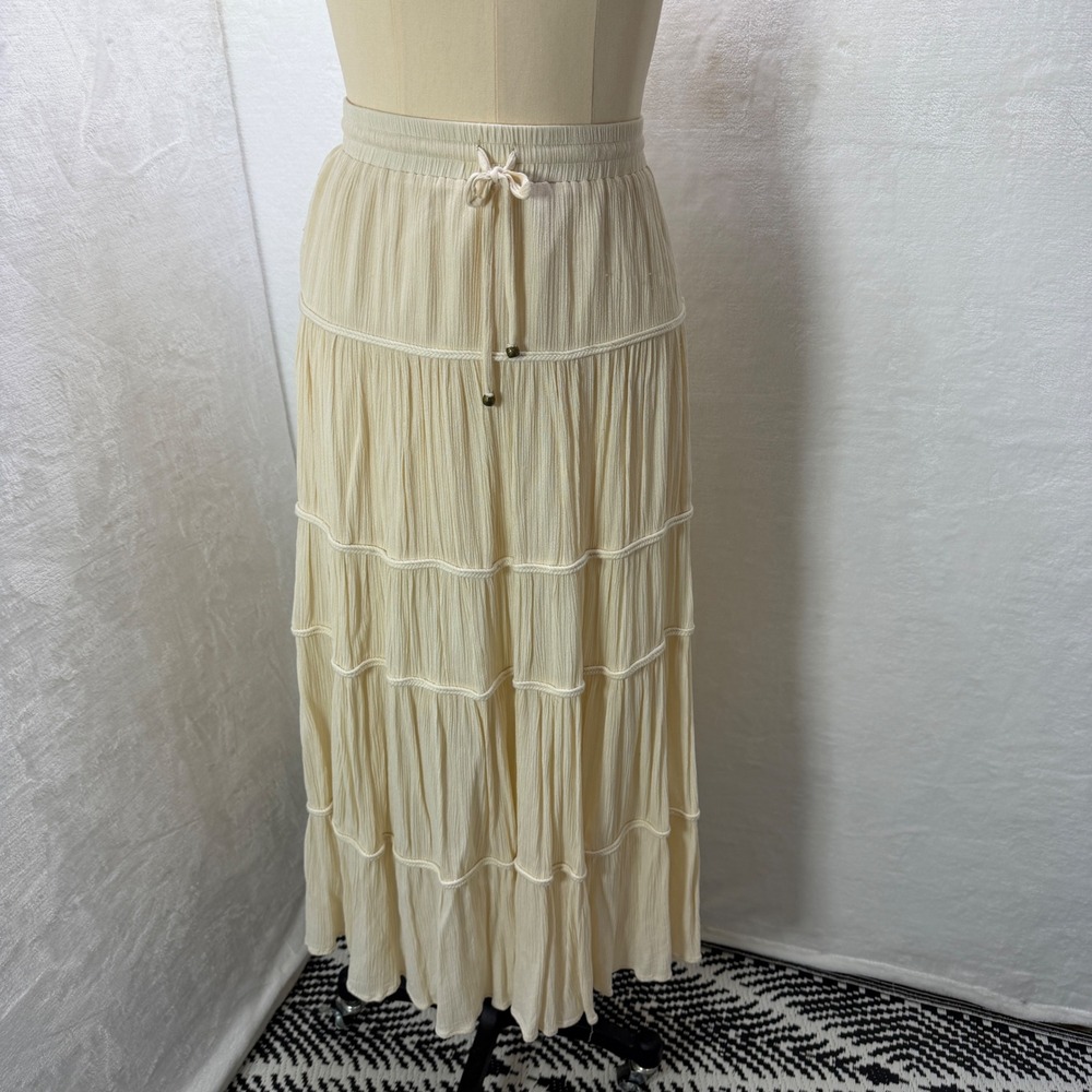 Bow & Arrow Womens L Beige Prairie Skirt Tiered Gauze‎ Boho Maxi Elastic Waist